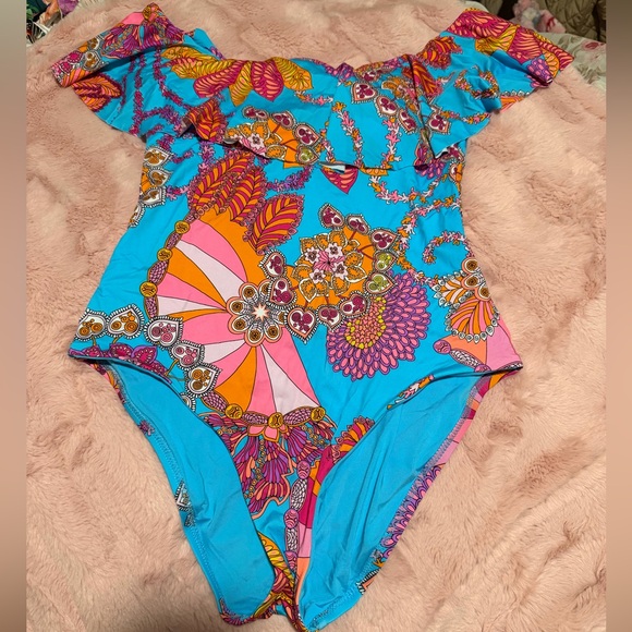 Trina Turk Other - Trina Turk Blue and Pink Floral Meilani Swimsuit off the shoulder size 12 NWT